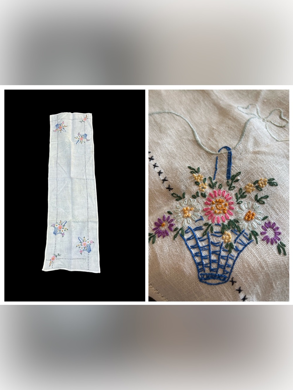 Vintage Hand-embroidered Runner Basket Floral Cross Stitch 40" GVC
